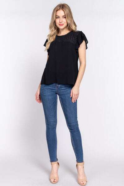 ACTIVE BASIC Catches The Eye Ruffle Short Sleeve Crochet Blouse in Black