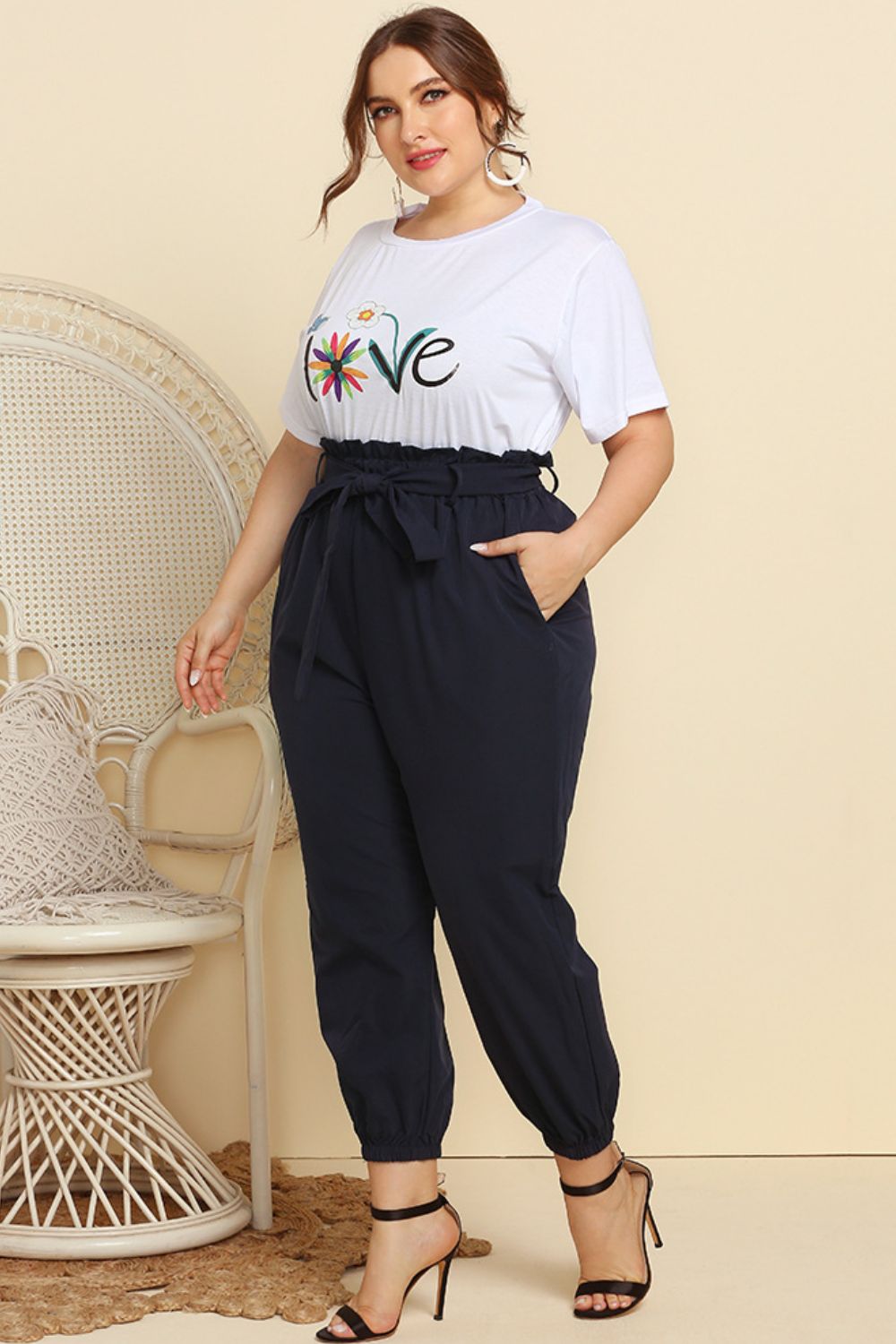 Love Is Blooming Graphic Tee and Belted Paperbag Joggers Set with Pockets
