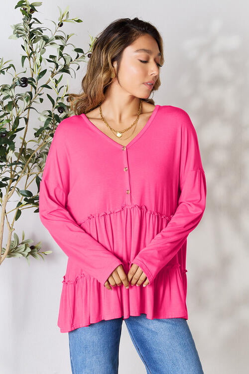 Double Take Cute and Powerful Half Button Long Sleeve Ruffle Hem Blouse