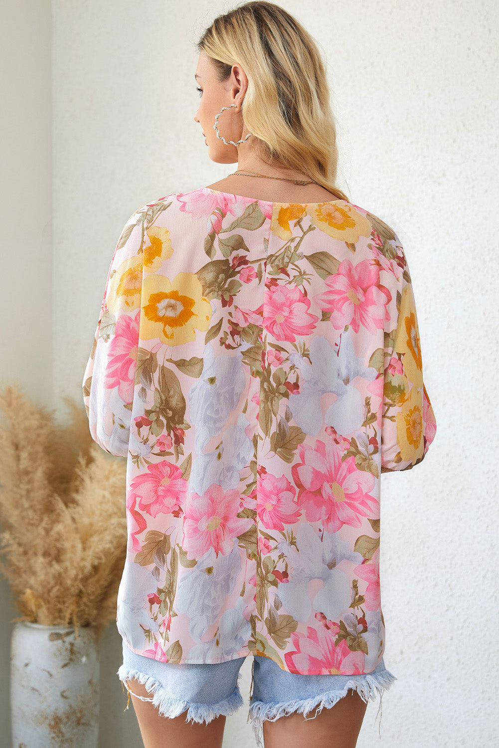 Pink Sunrise Floral Round Neck Three-Quarter Sleeve Top