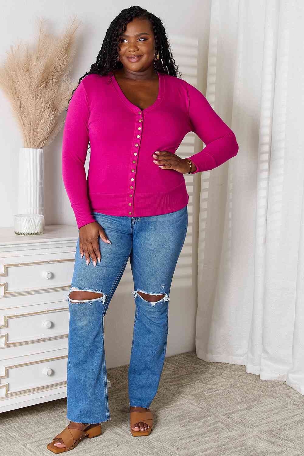 Zenana Magenta Memories V-Neck Long Sleeve Button-Down Cardigan in Magenta