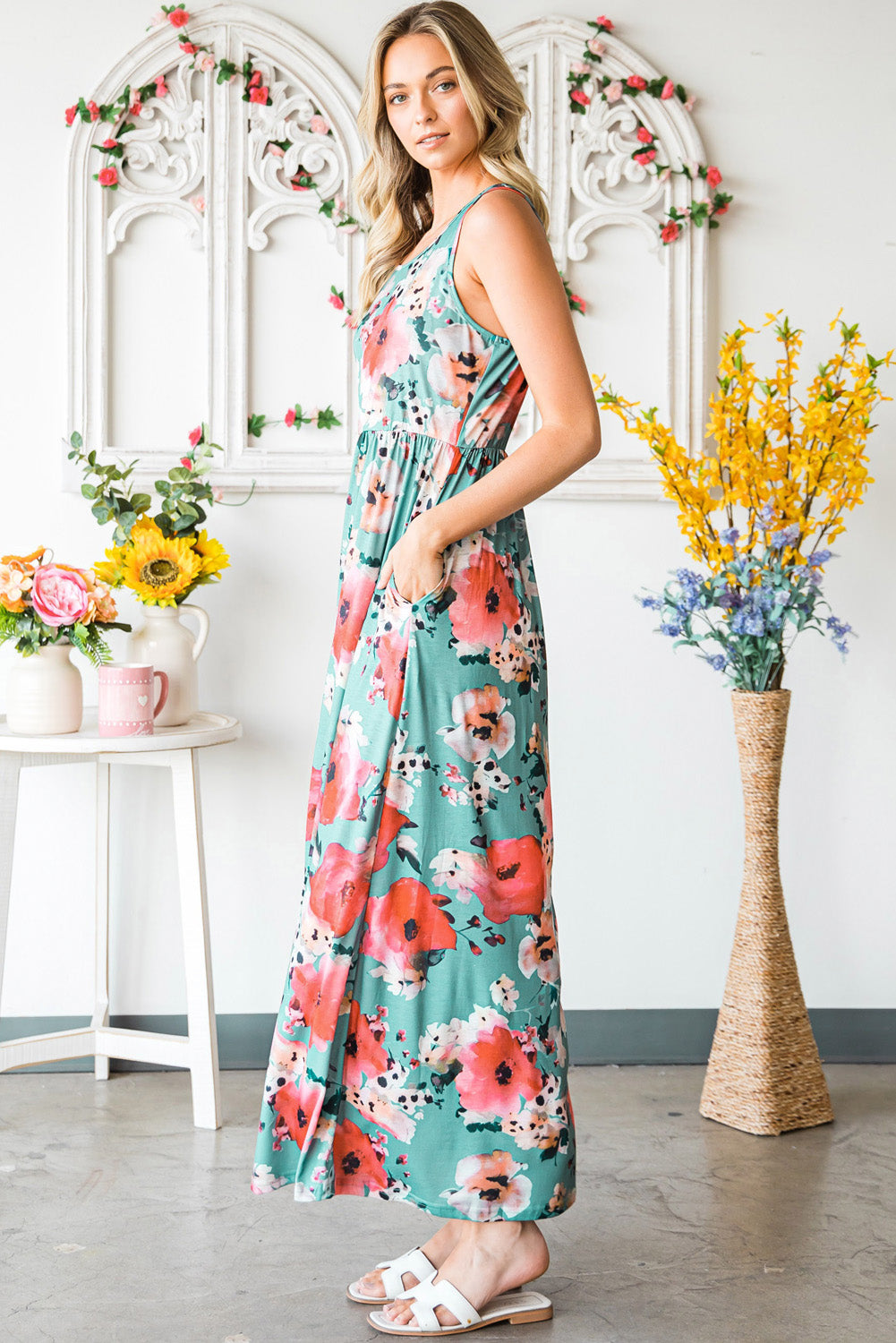 Mint To Be Floral Sleeveless Maxi Dress with Pockets