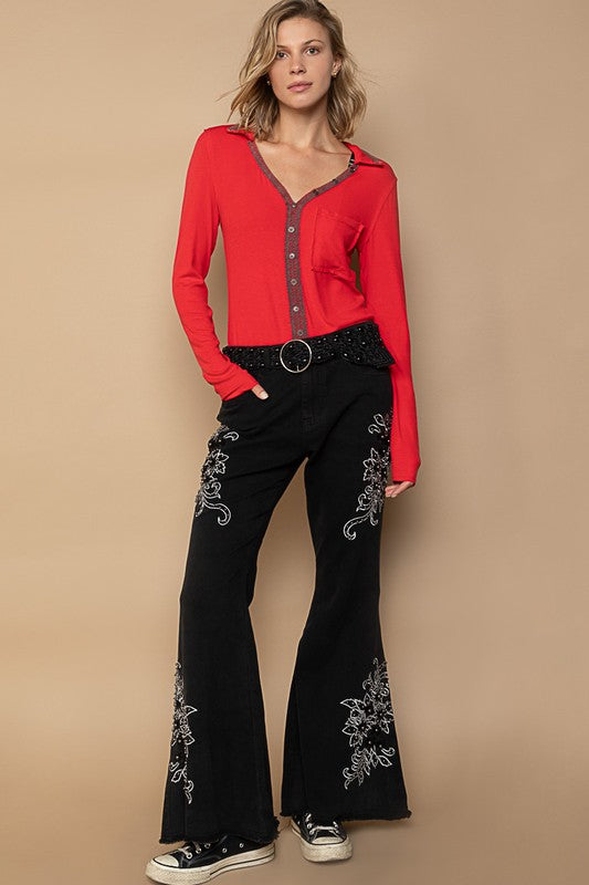 POL Flo Raw Hem Embroidered Flare Pants in Black