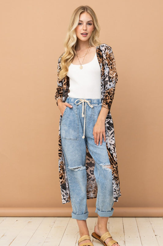 And The Why Wild Muse Leopard Kimono Open Front Longline Cardigan