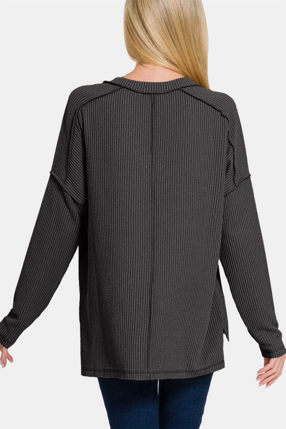 Zenana All About Details Texture Exposed Seam V-Neck Long Sleeve T-Shirt in Black