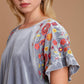 Umgee Tells A Story Velvet Embroidery Short Sleeve Blouse in Silver