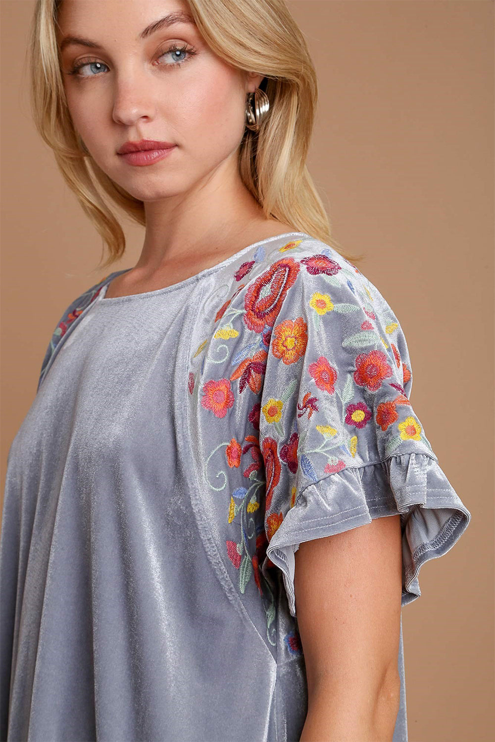 Umgee Tells A Story Velvet Embroidery Short Sleeve Blouse in Silver