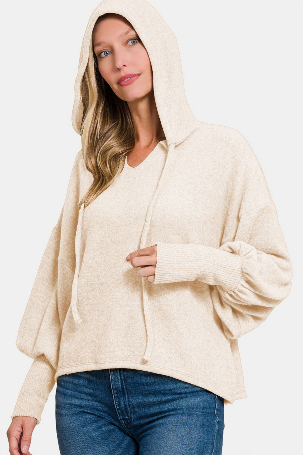 Zenana Brushed Perfection Hacci Drop Shoulder Cropped Hoodie in Sand Beige