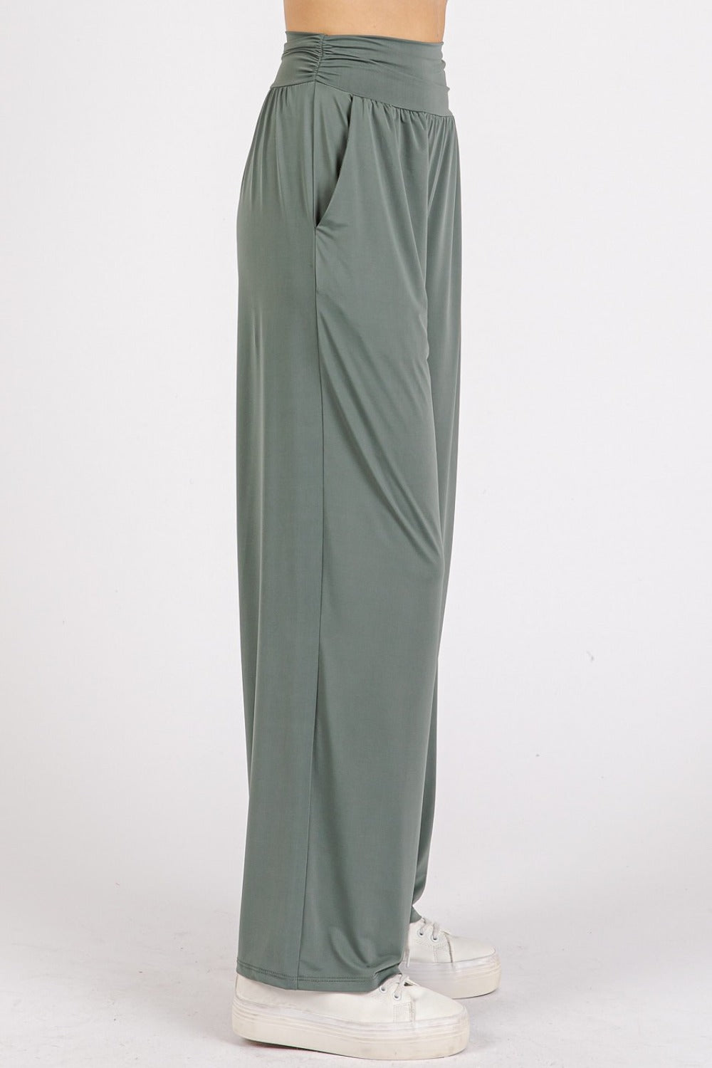 Mittoshop Living for the Flow Stretch Banded Waist Wide Leg Pants with Pockets in Army Green