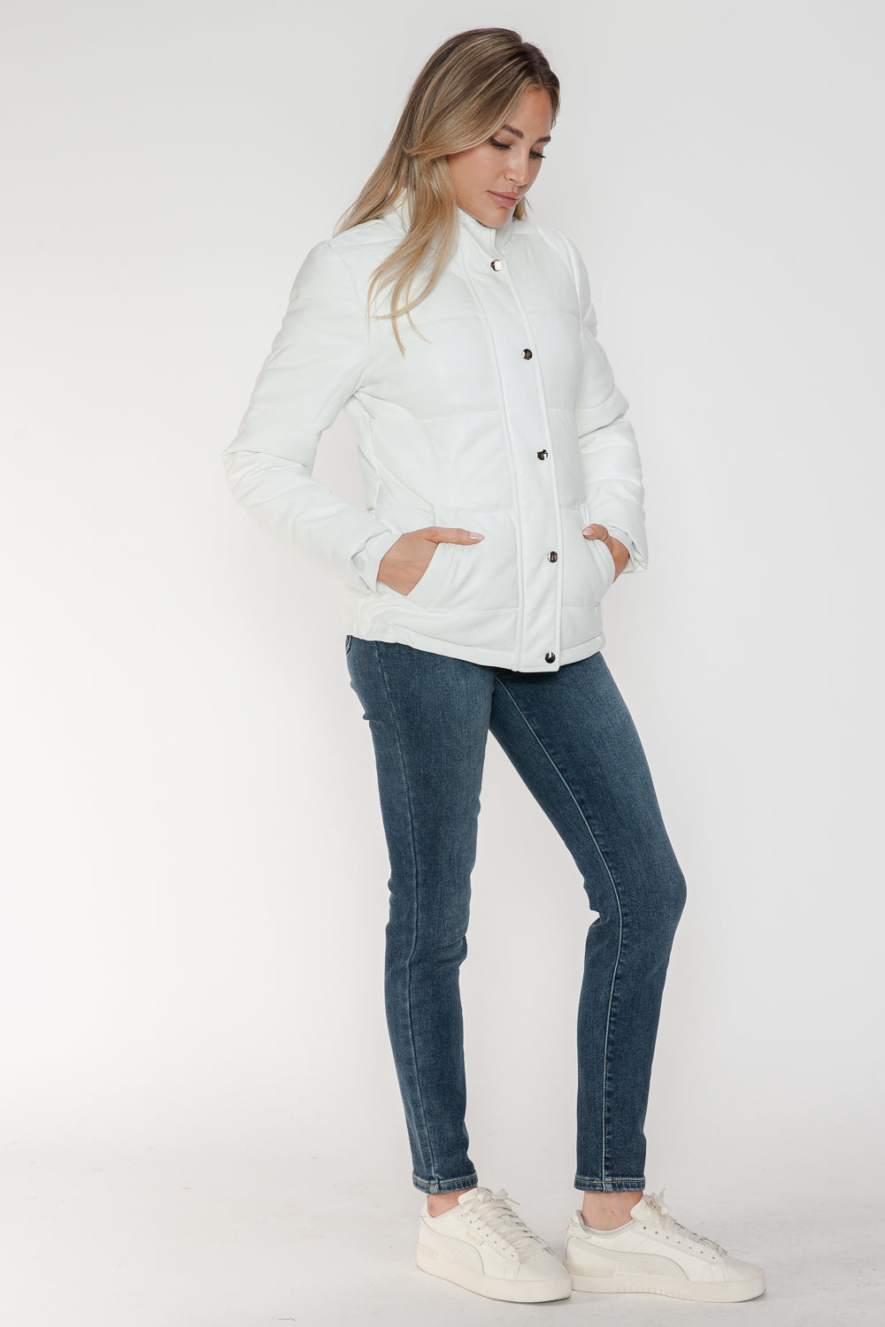 YMI Cozy Perfection Pocketed Zip Up Turtleneck Puffer Jacket in White