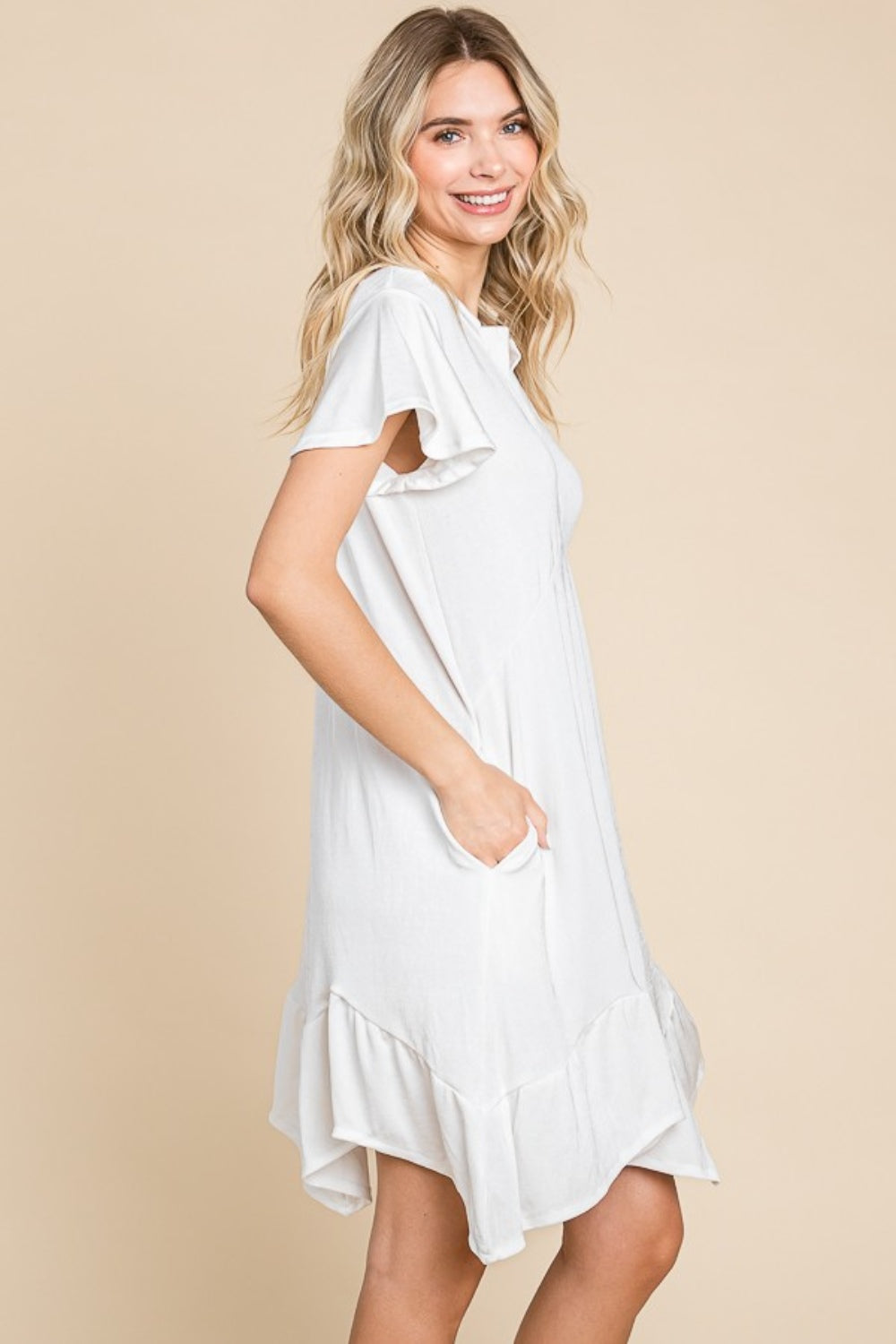 Culture Code Saving You Time Short Sleeve Ruffled Asymmetric Hem Dress in Soft White
