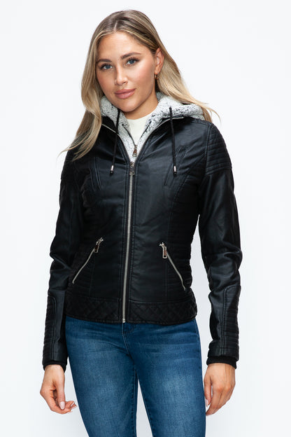 YMI Fuzzy Feels Faux Layered Double-Zipper Jacket with Fuzzy Hood in Black