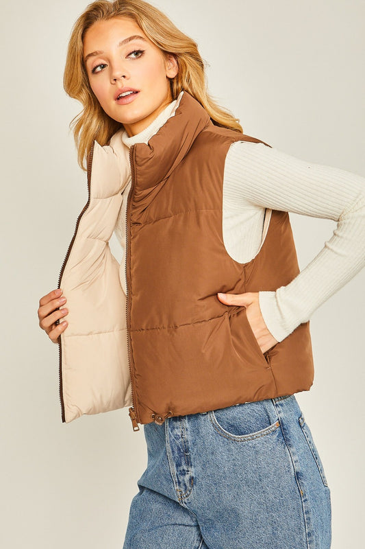 Love Tree Two Faced Zip Up Cropped Contrast Reversible Vest in Cocoa