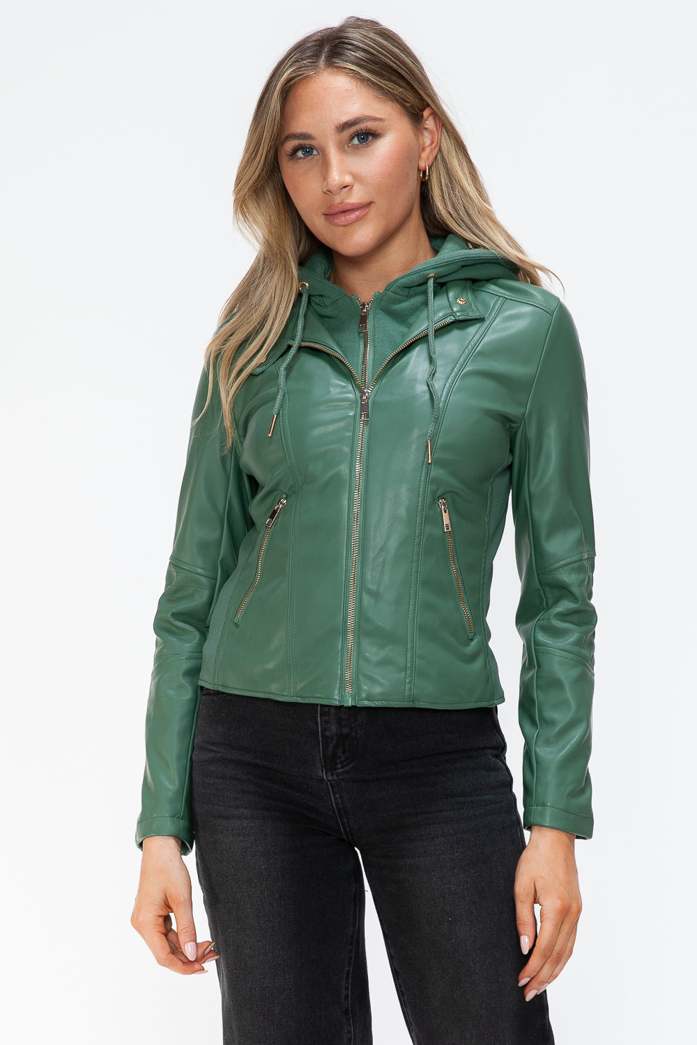 Snobbish Embrace The Day Faux Leather Zip Up Drawstring Hooded Jacket in Sage