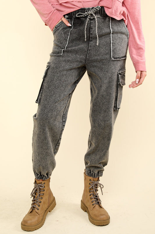 VERY J Good Vibes Washed Drawstring Jogger Cargo Jeans in Black Denim