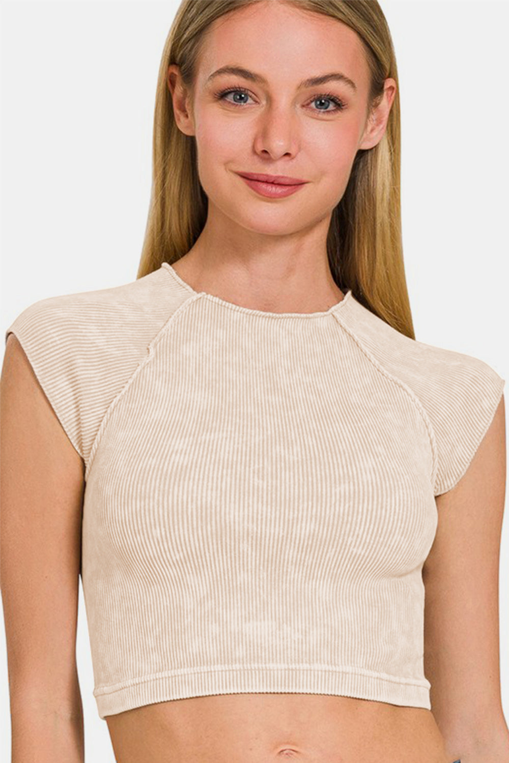 Zenana Back At It Again Ribbed Round Neck Cropped Top in Sand Beige