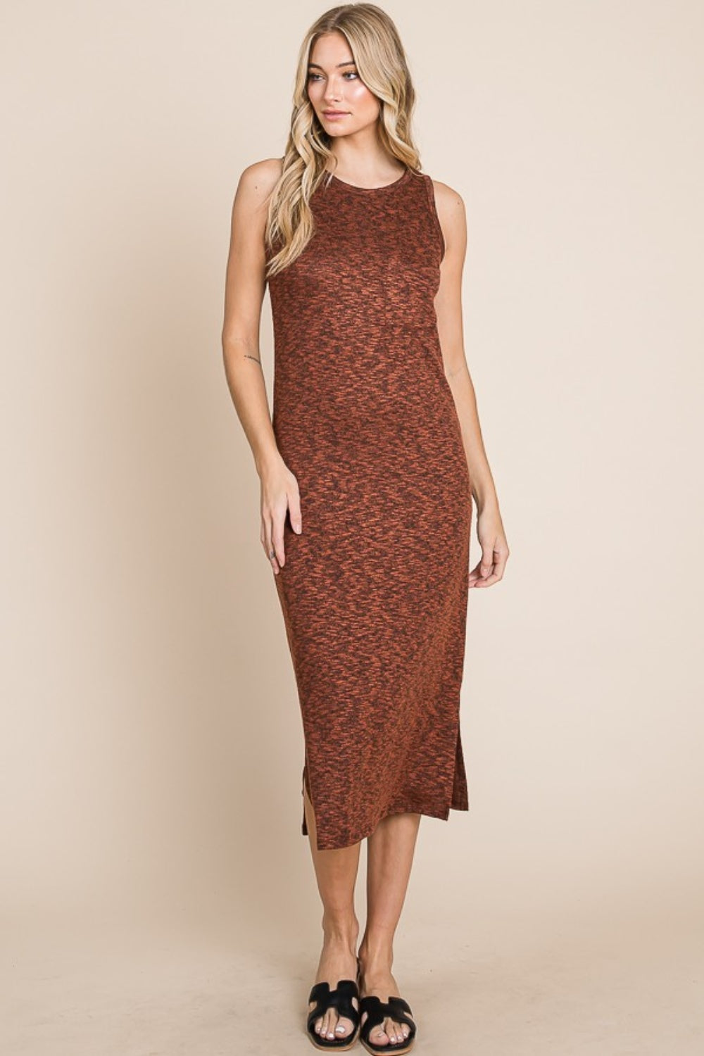 BOMBOM For The Night Slit Sleeveless Midi Dress in Rust