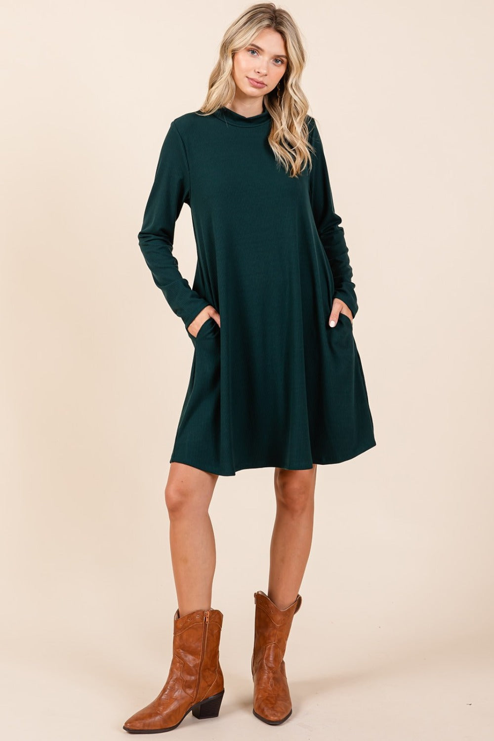 Mittoshop Ready To Go Mock Neck Long Sleeve Dress with Pockets in Hunter Green