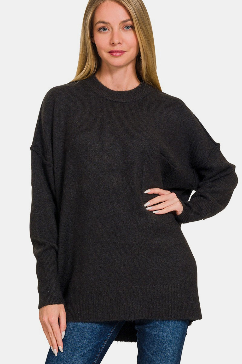 Zenana Everyday Cozy High-Low Hem Drop Shoulder Sweater in Black