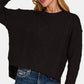 Zenana My Chilliest Adventure Cropped High Low Cable Sweater with Side Slits in Black