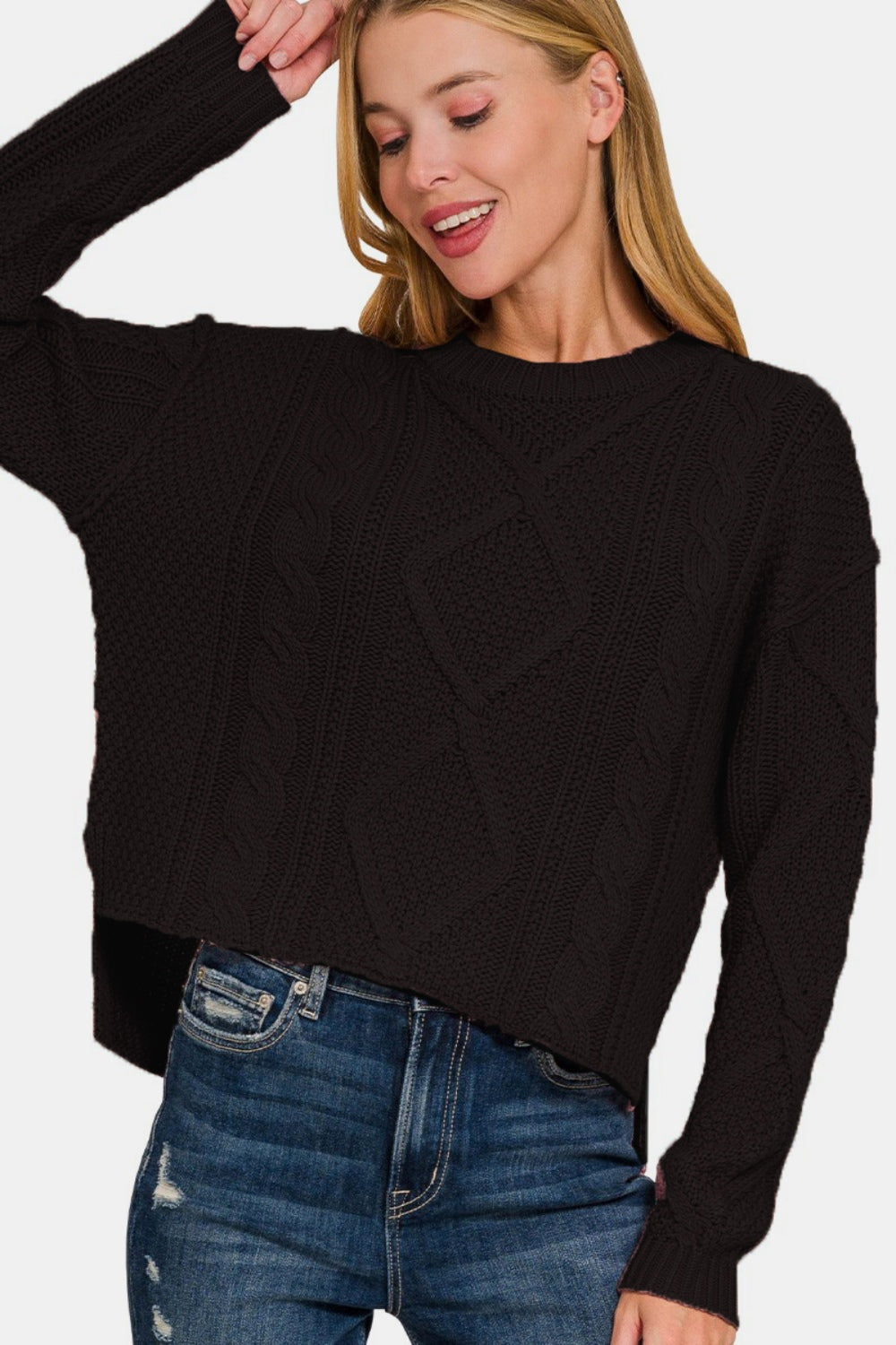 Zenana My Chilliest Adventure Cropped High Low Cable Sweater with Side Slits in Black