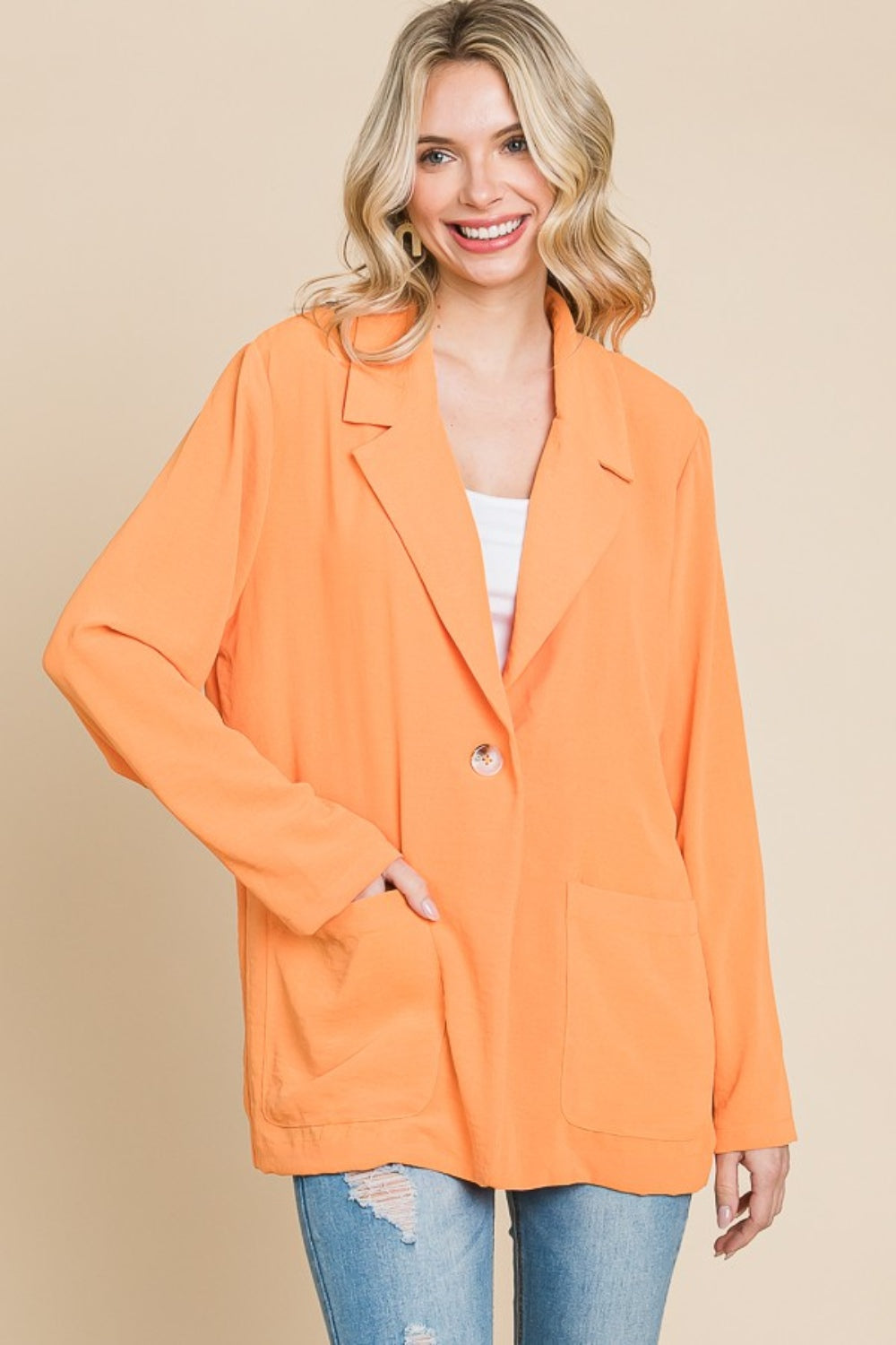 Culture Code Impressed One Button Long Sleeve Blazer with Pockets in Salmon
