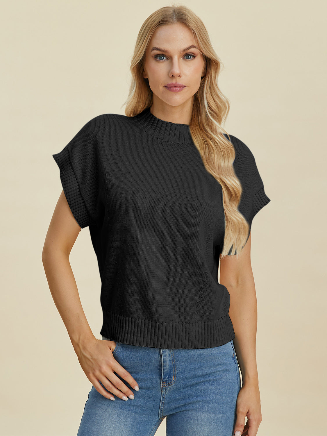 Double Take Lovely Day Mock Neck Short Sleeve Sweater