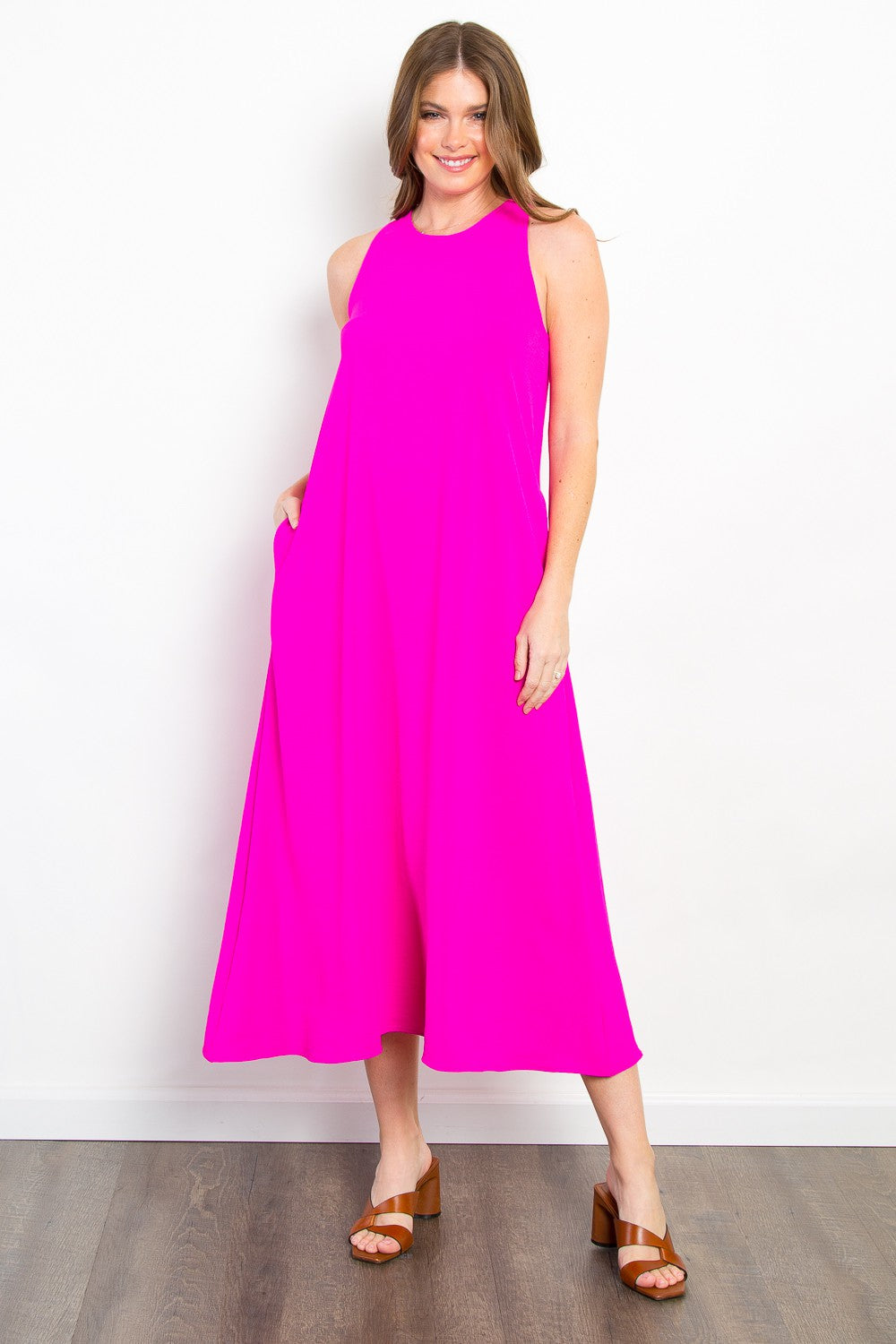 Be Stage Hello Darling Midi Tank Dress with Pockets in Magenta