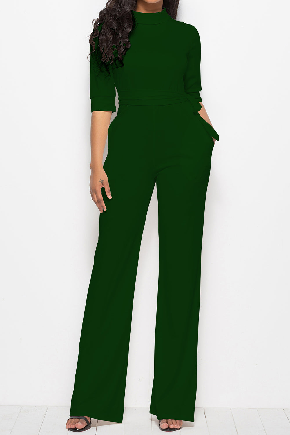 Driven Mock Neck Tie-Waist Half Sleeve Jumpsuit with Pockets