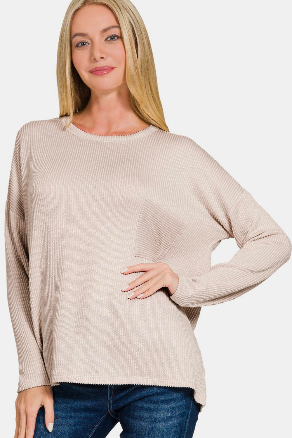 Zenana Lined Up Ribbed Striped Long Sleeve T-Shirt in Ash Mocha