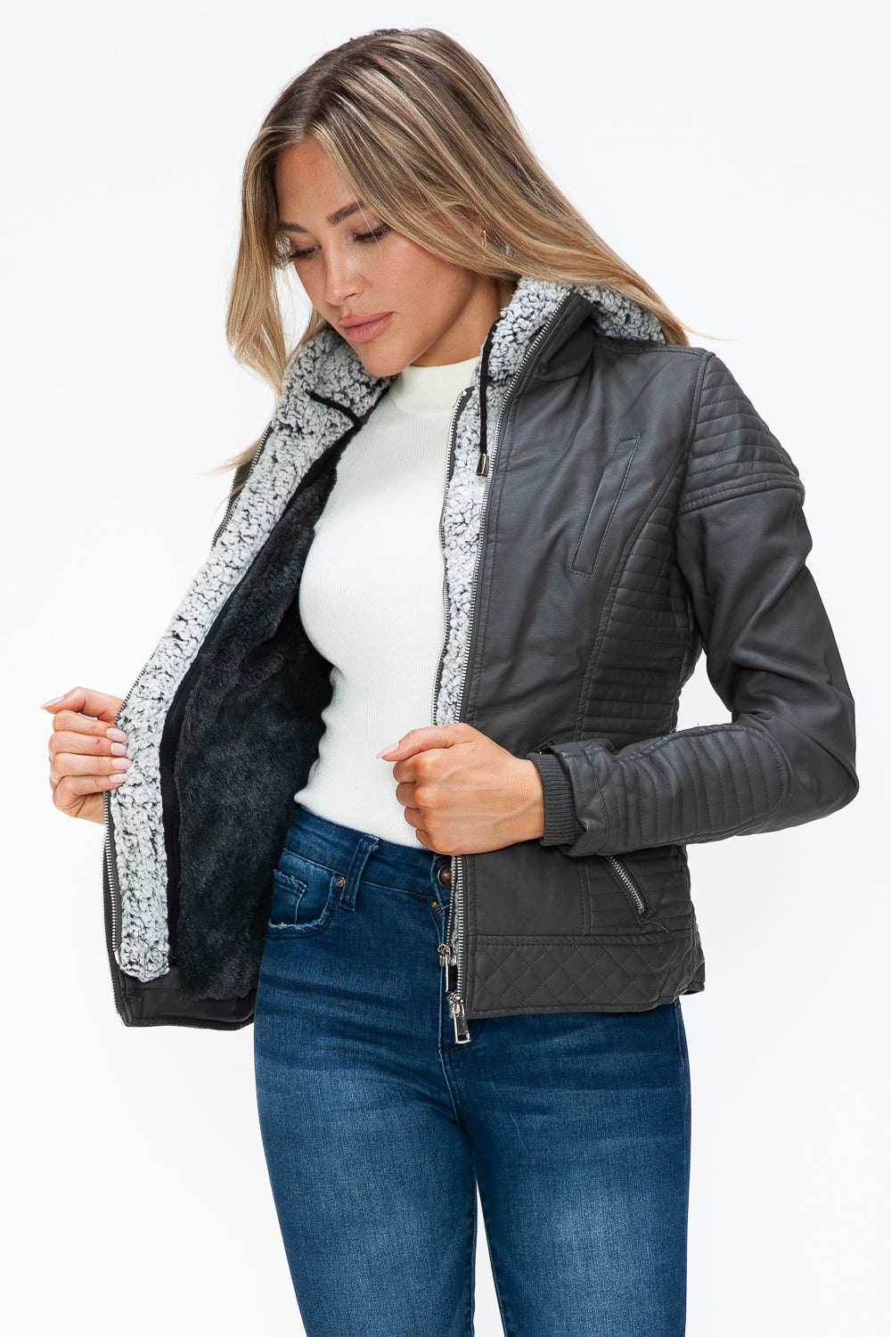 YMI Fuzzy Feels Faux Layered Double-Zipper Jacket with Fuzzy Hood in Charcoal