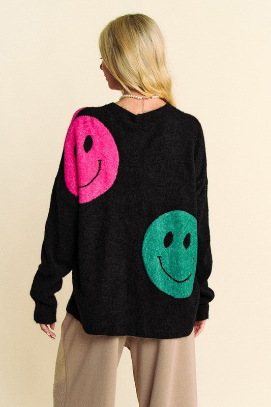 Davi & Dani Cozy Vibes & Big Smiles Contrast Oversize Sweater in Black