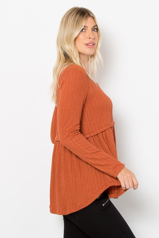 Be Stage Be The One Texture Babydoll Long Sleeve Knit Top