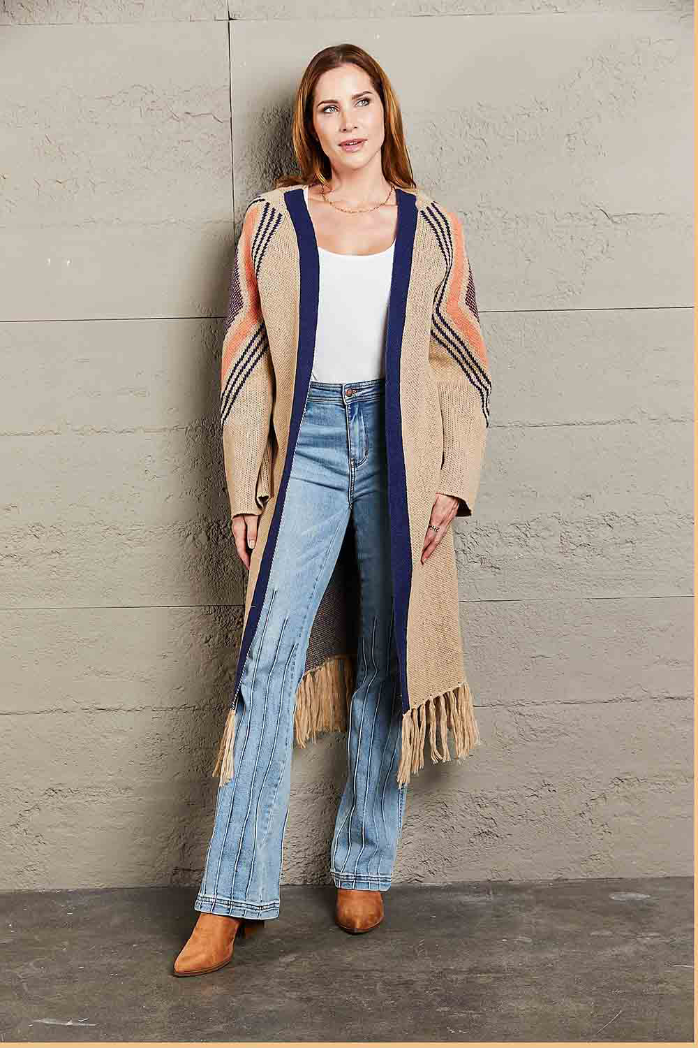 Angel Wings Fall, I'm Ready Geometric Fringe Hem Open Front Duster Cardigan