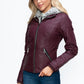 YMI Fuzzy Feels Faux Layered Double-Zipper Jacket with Fuzzy Hood in Wine