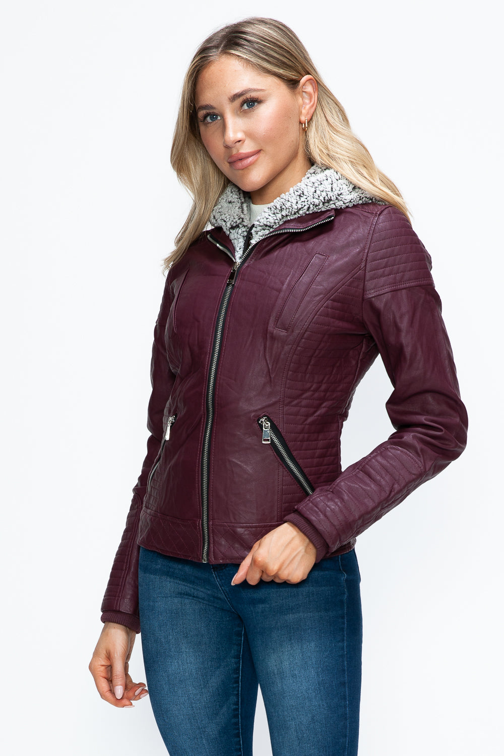YMI Fuzzy Feels Faux Layered Double-Zipper Jacket with Fuzzy Hood in Wine