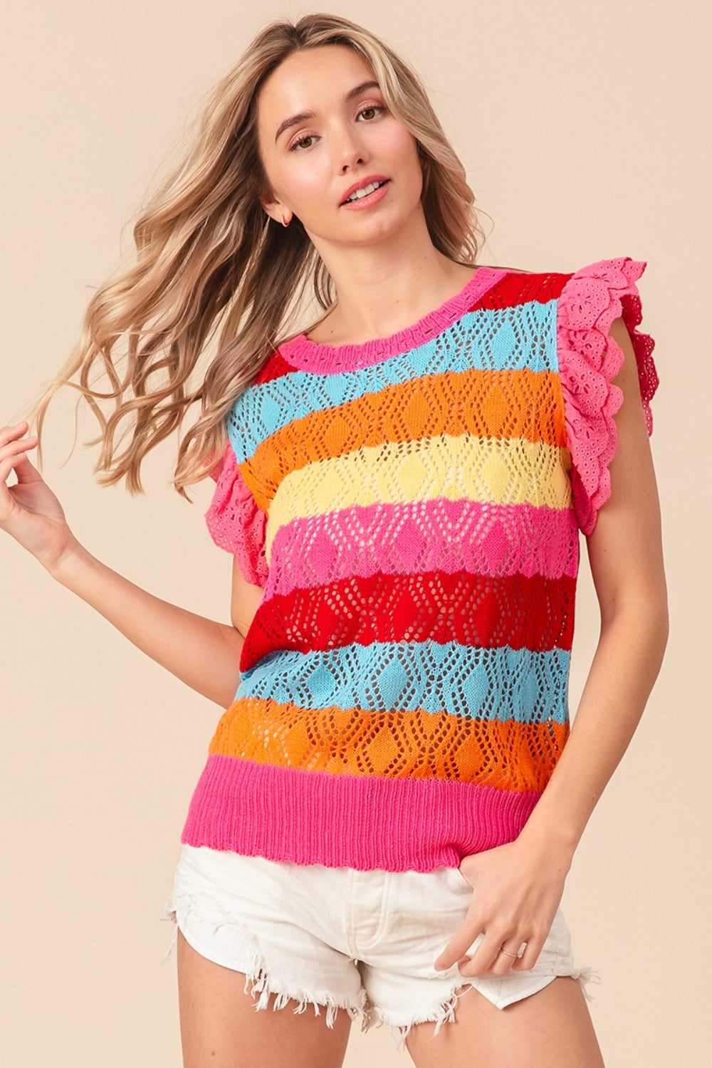 BiBi Chasing Rainbows Pointelle Striped Ruffled Knit Top