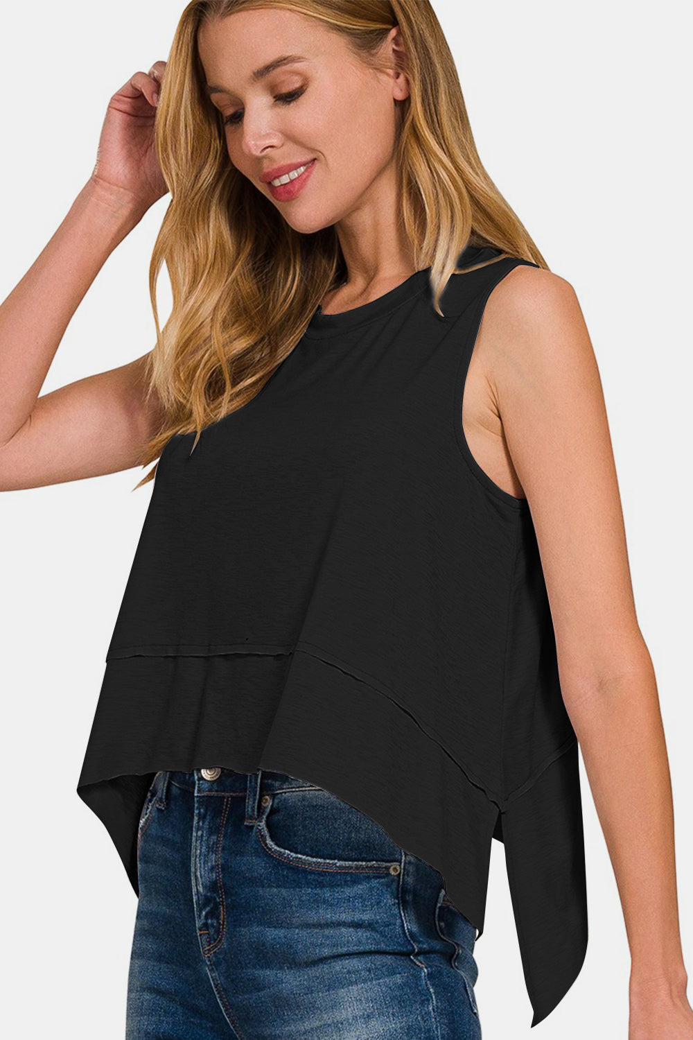 Zenana Another Day Exposed Seam Slit Tank in Black