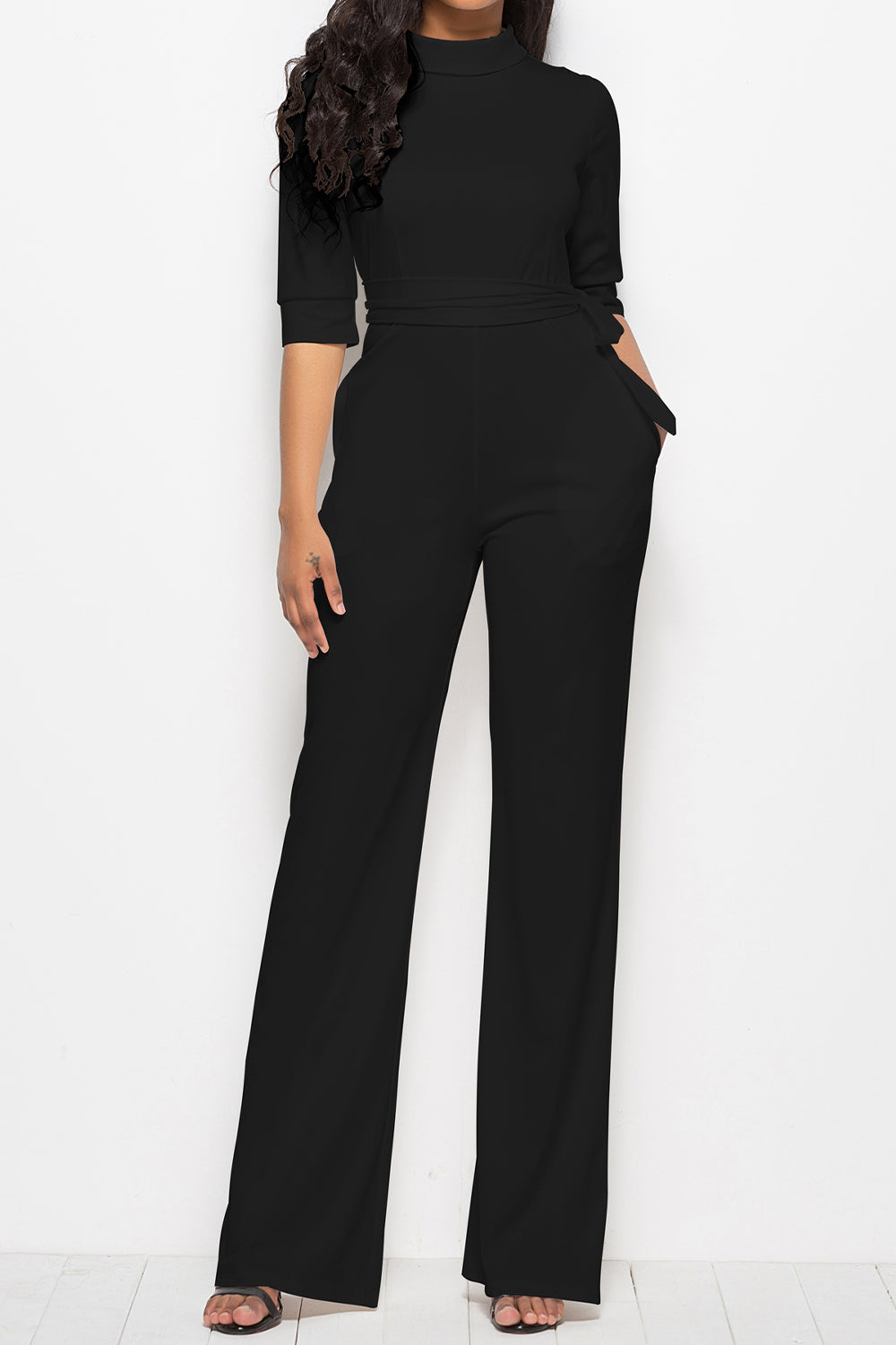 Driven Mock Neck Tie-Waist Half Sleeve Jumpsuit with Pockets