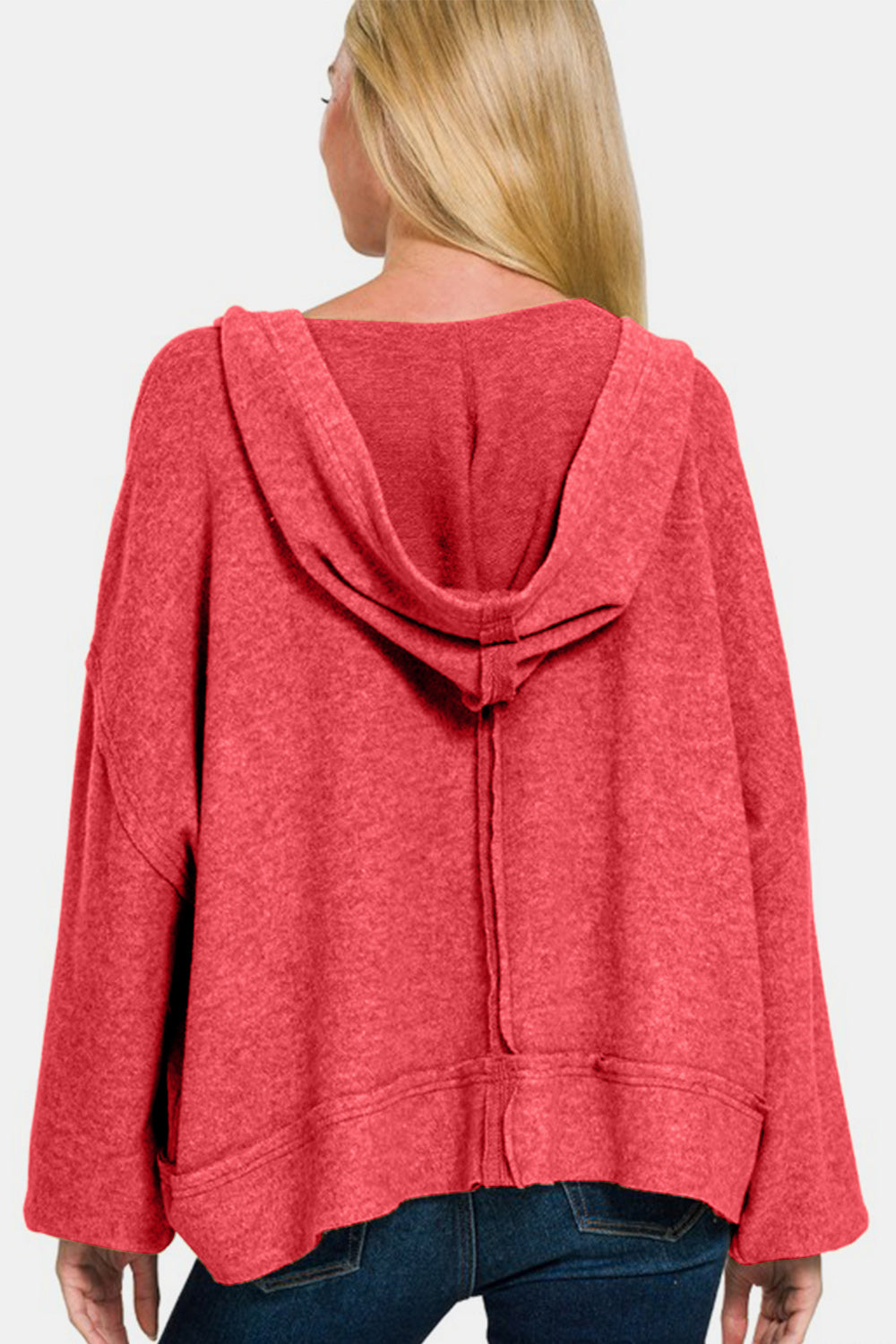 Zenana Seam Statement Brushed Hacci Exposed Seam Hoodie in Red