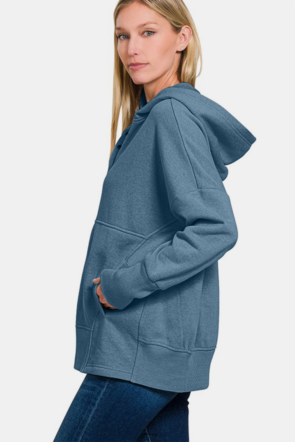 Zenana You Have My Heart Half Snap Long Sleeve Hoodie with Kangaroo Pocket in Dusty Blue