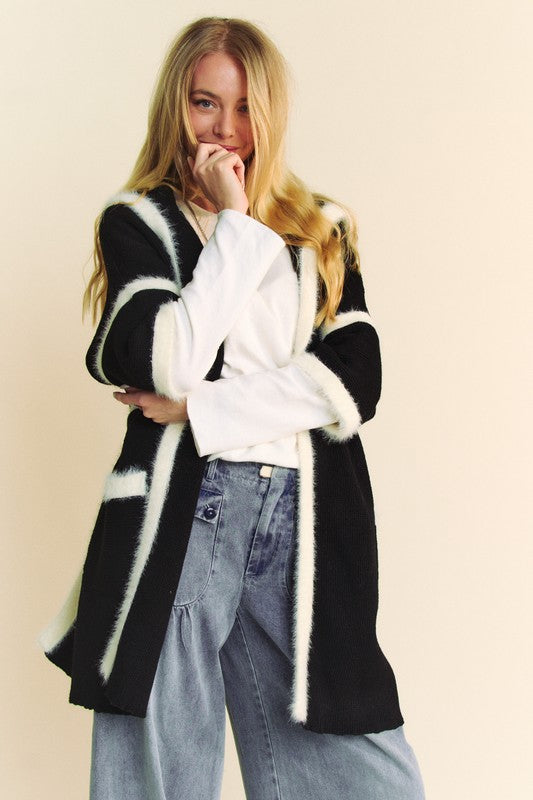 Davi & Dani Just Breathe Fuzzy Trim Open Front Loose Fit Cardigan