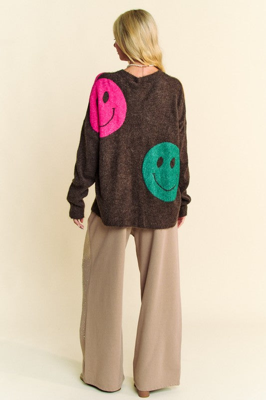 Davi & Dani Cozy Vibes & Big Smiles Contrast Oversize Sweater in Dark Brown