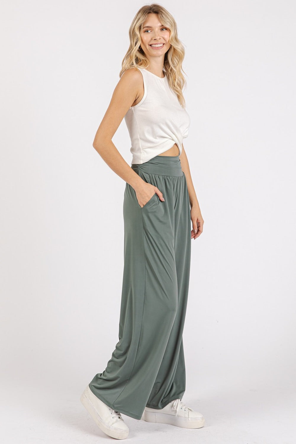 Mittoshop Living for the Flow Stretch Banded Waist Wide Leg Pants with Pockets in Army Green