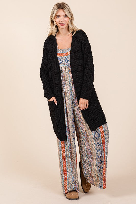 Mittoshop Cozy Hug Open Front Long Sleeve Longline Cardigan in Black