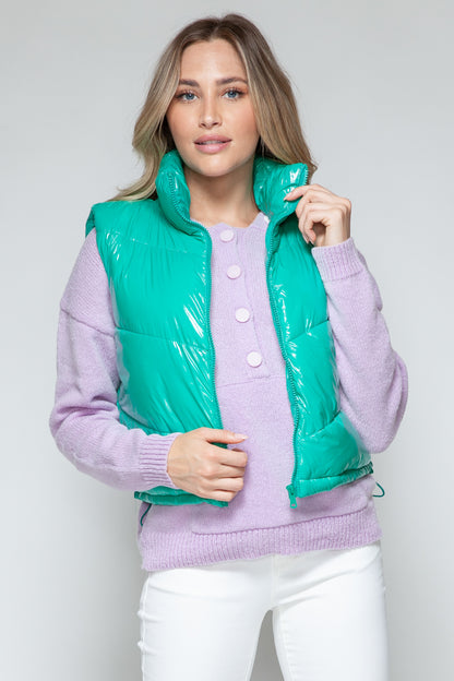 Snobbish A Quilted Touch Zip Up Turtleneck Shiny Quilted Vest in Green