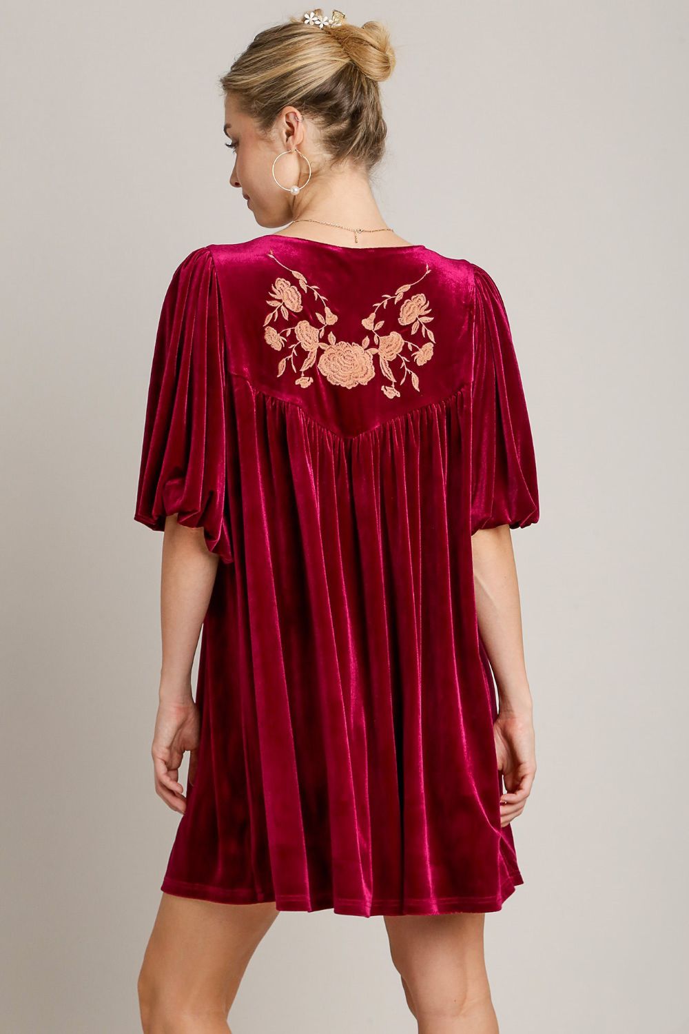 Umgee Stealing The Spotlight Embroidered Half Sleeve Velvet Mini Dress with Tassel in Burgundy