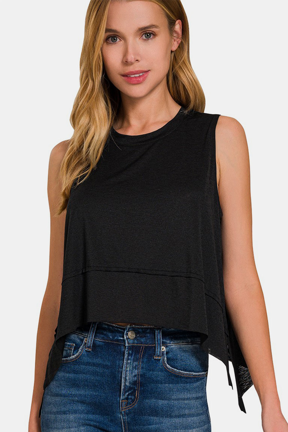 Zenana Another Day Exposed Seam Slit Tank in Black