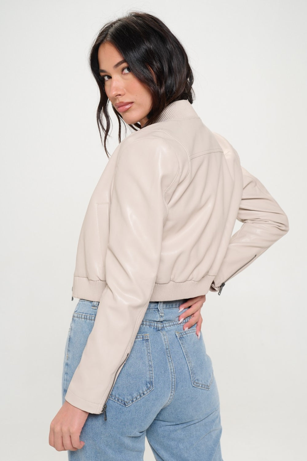 Coalition LA My Go To Bomber Zip Up Cropped Bomber Jacket in Cream