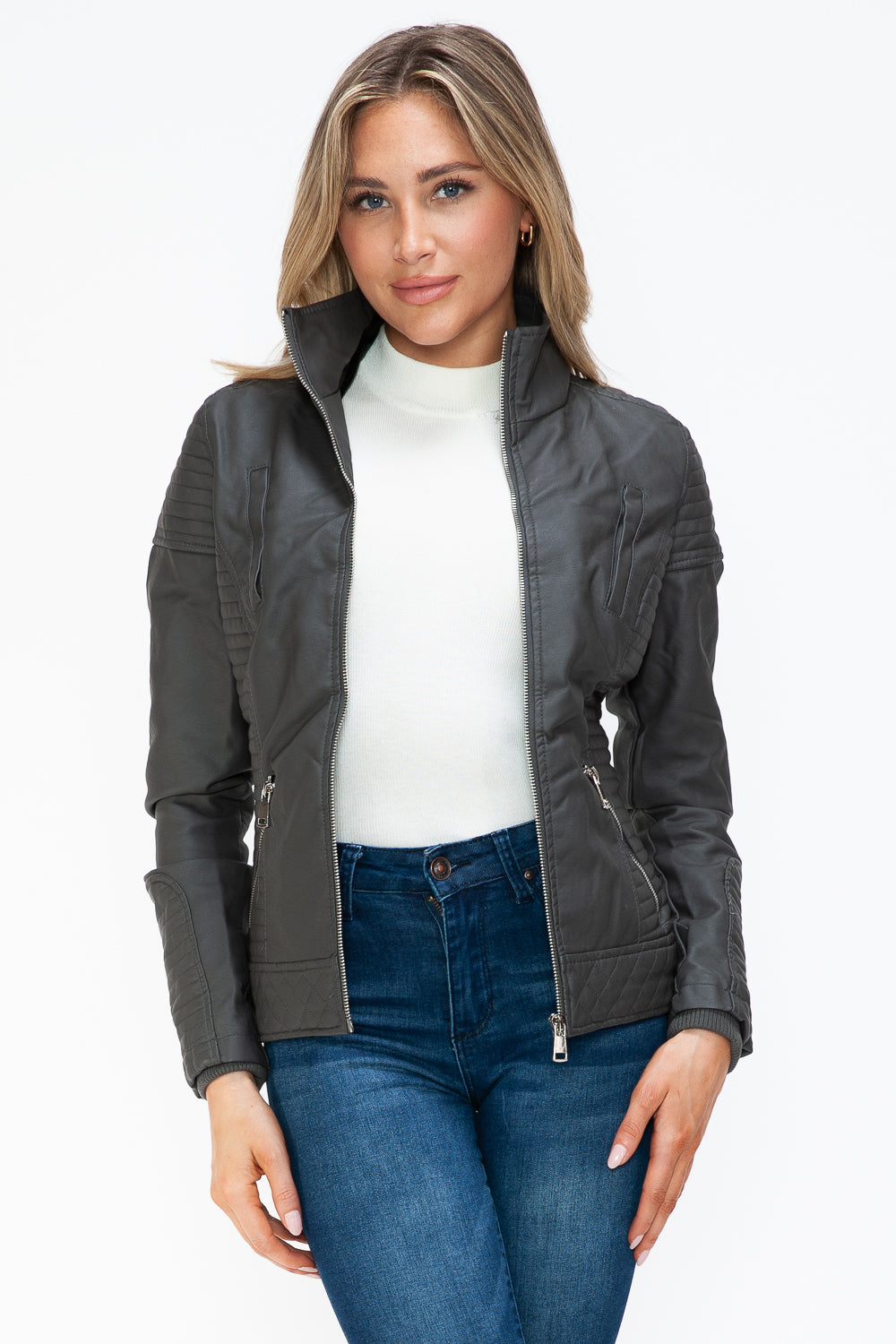 YMI Fuzzy Feels Faux Layered Double-Zipper Jacket with Fuzzy Hood in Charcoal